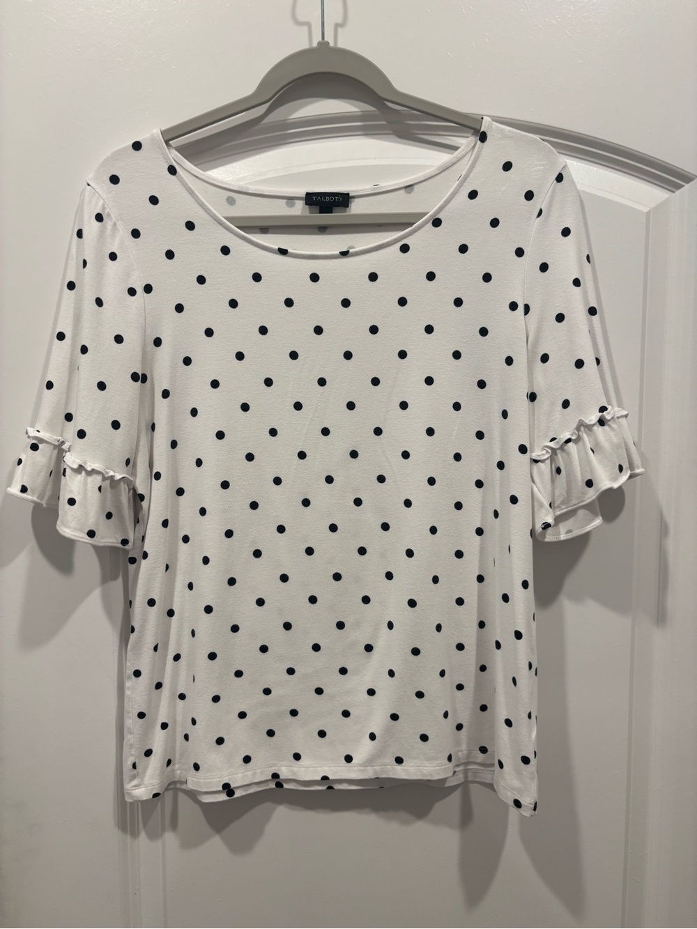 Talbots White Black Polka Dot Ruffle Sleeve Tee